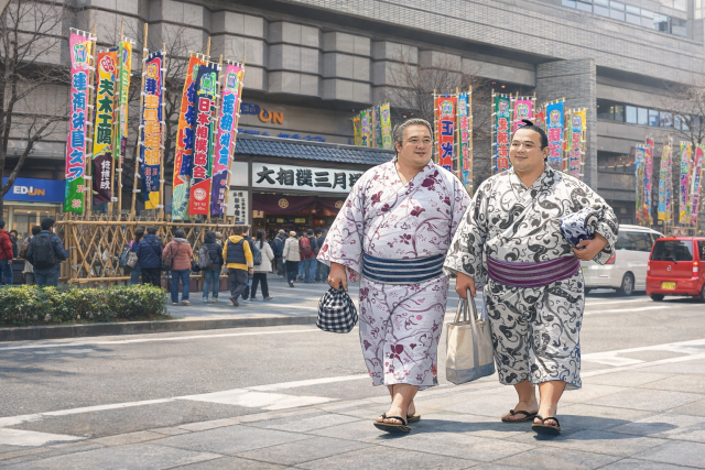 府立体育館の前を歩く相撲取りの画像